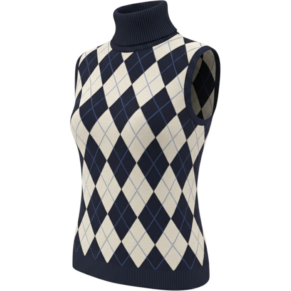 Villager Liz Claiborne Argyle Turtleneck Sweater Vest Navy Cream Small